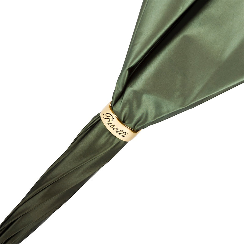 Green umbrella with a gold brand logo on a white background