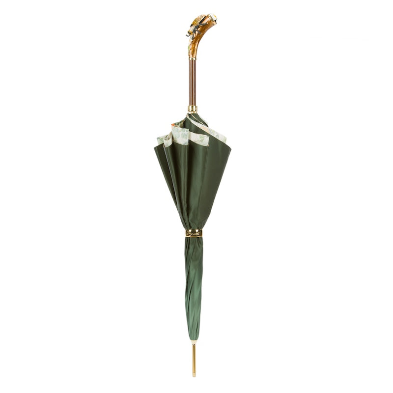 Pasotti green umbrella with gold accents on a white background