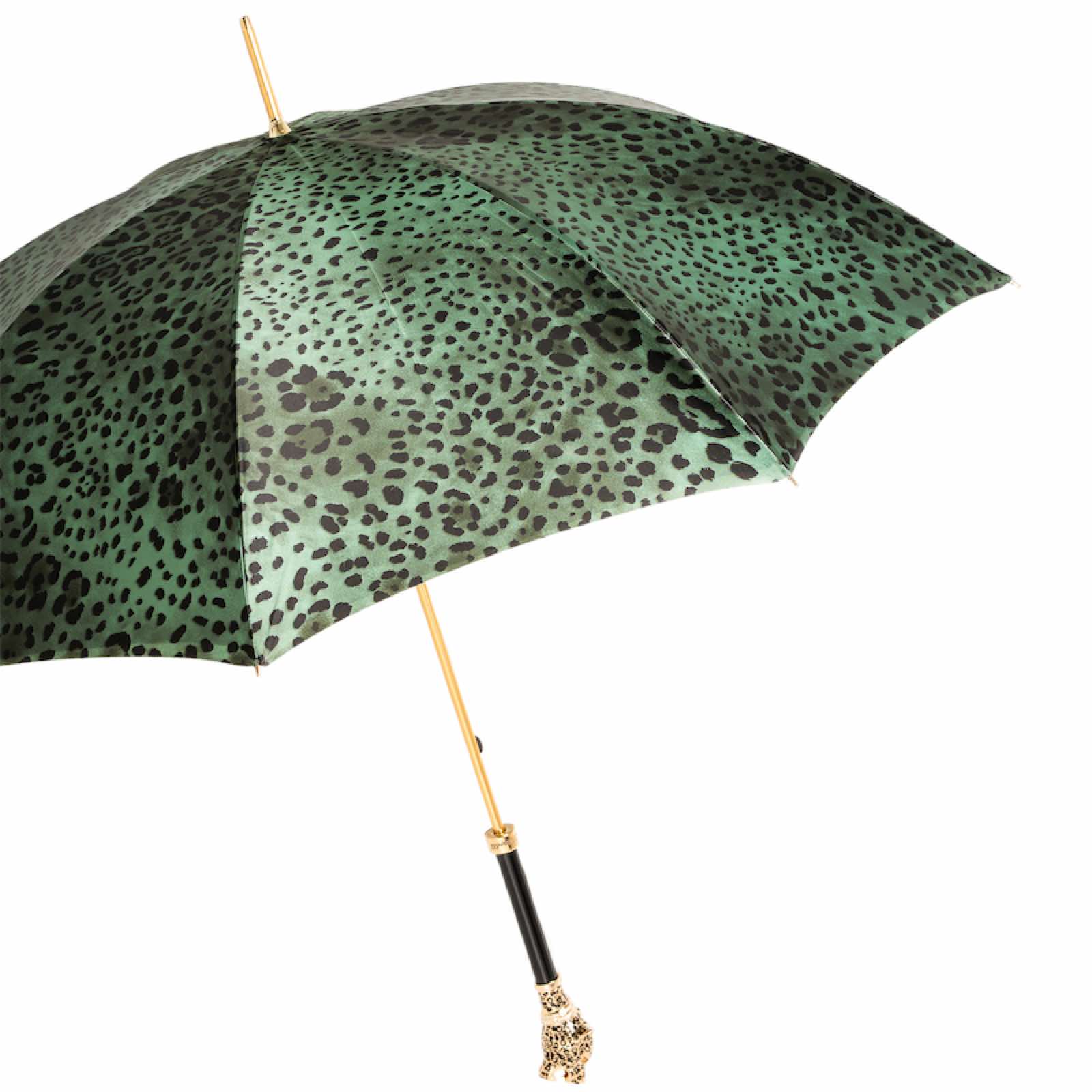 Green leopard print umbrella with a decorative handle on a white background