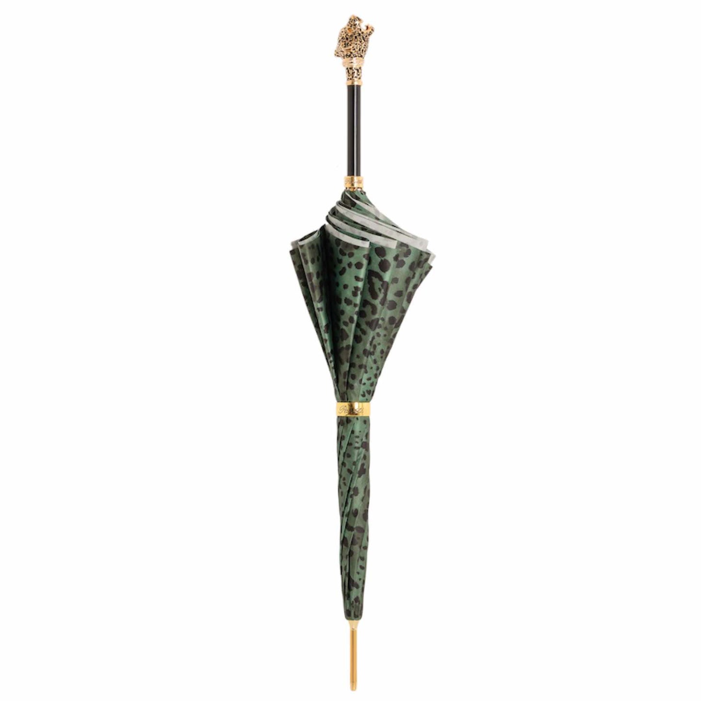 Pasotti green leopard print cane umbrella shown closed