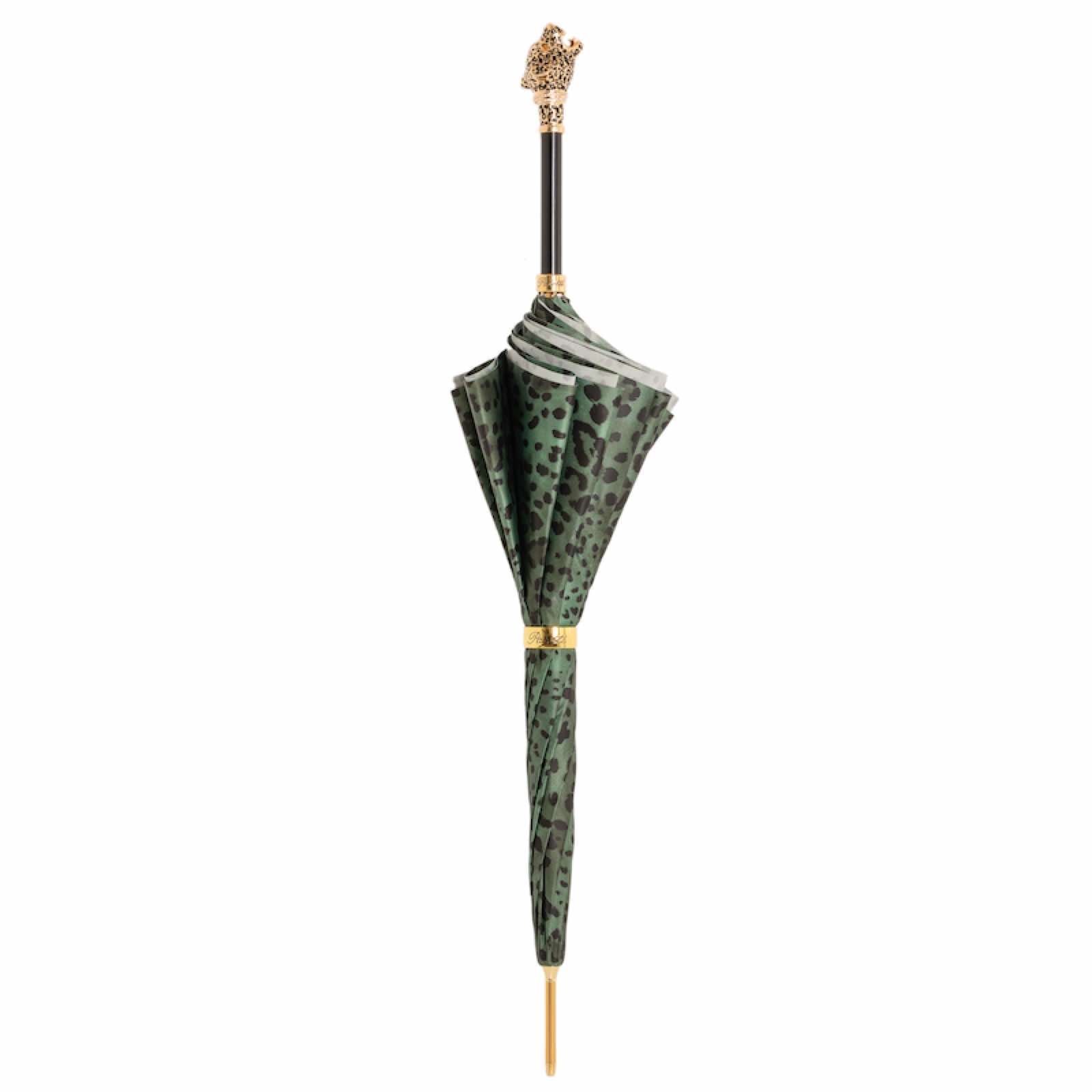 Pasotti green leopard print cane umbrella shown closed