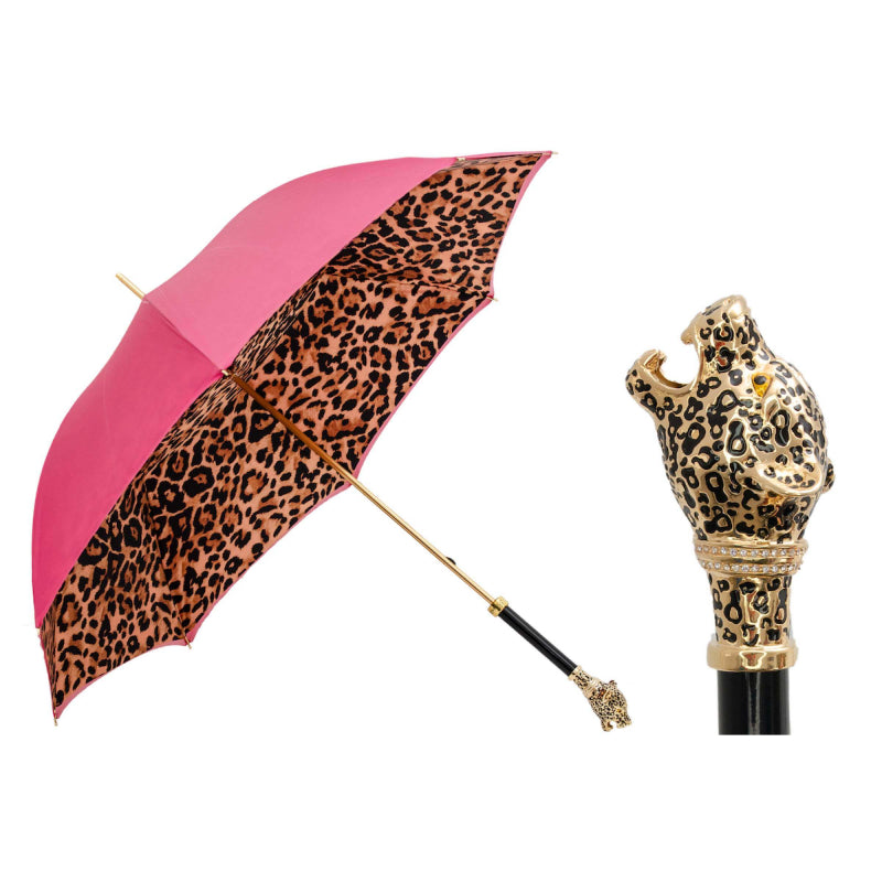 Bright Pasotti women’s pink leopard cane umbrella with panther handle