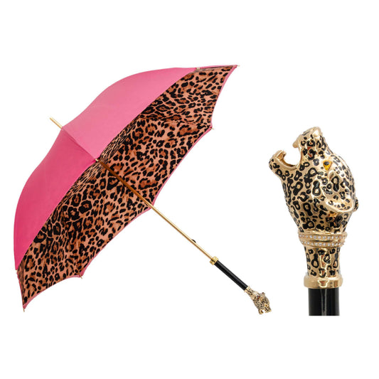 Bright Pasotti women’s pink leopard cane umbrella with panther handle