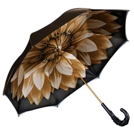 Pasotti women’s bronze floral umbrella with dahlia print and leather handle