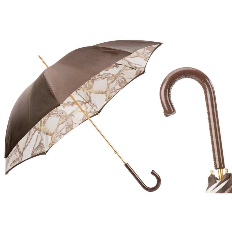 Pasotti brown cane umbrella with equestrian-print interior