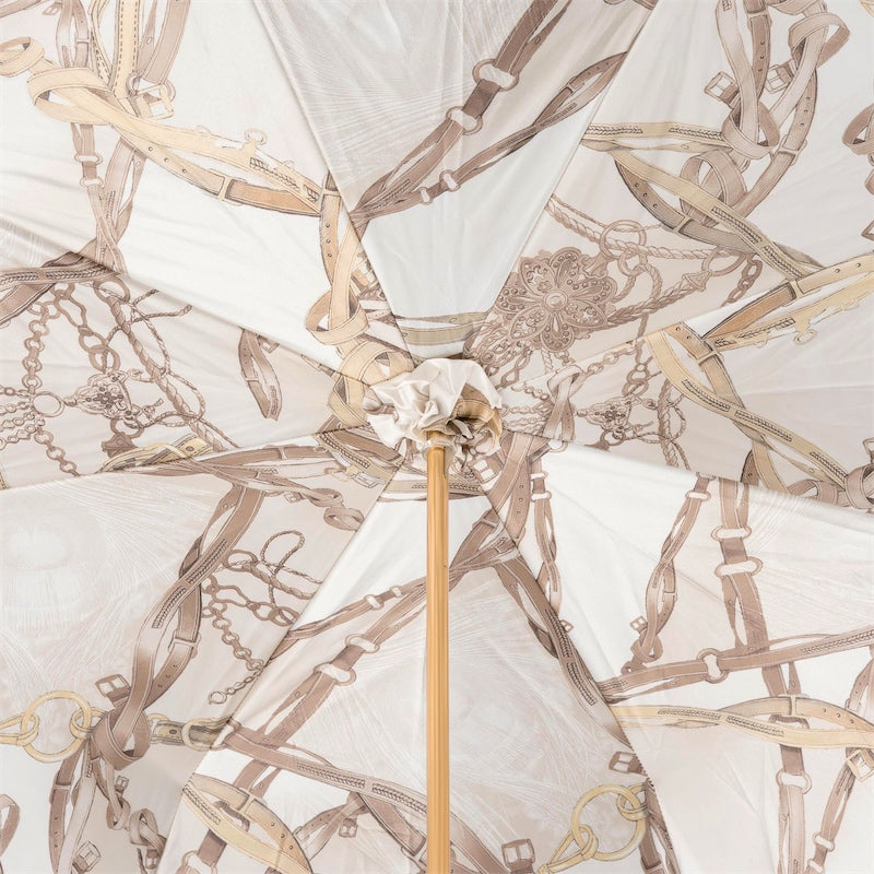 Close-up of equestrian-print interior of Pasotti umbrella