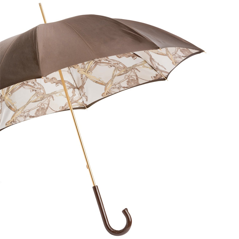 Side view of Pasotti umbrella showing equestrian-print lining