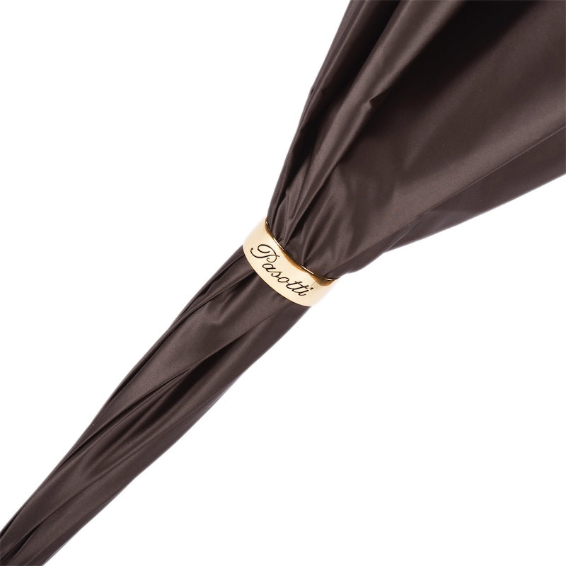 Closed Pasotti brown cane umbrella with equestrian-print fabric