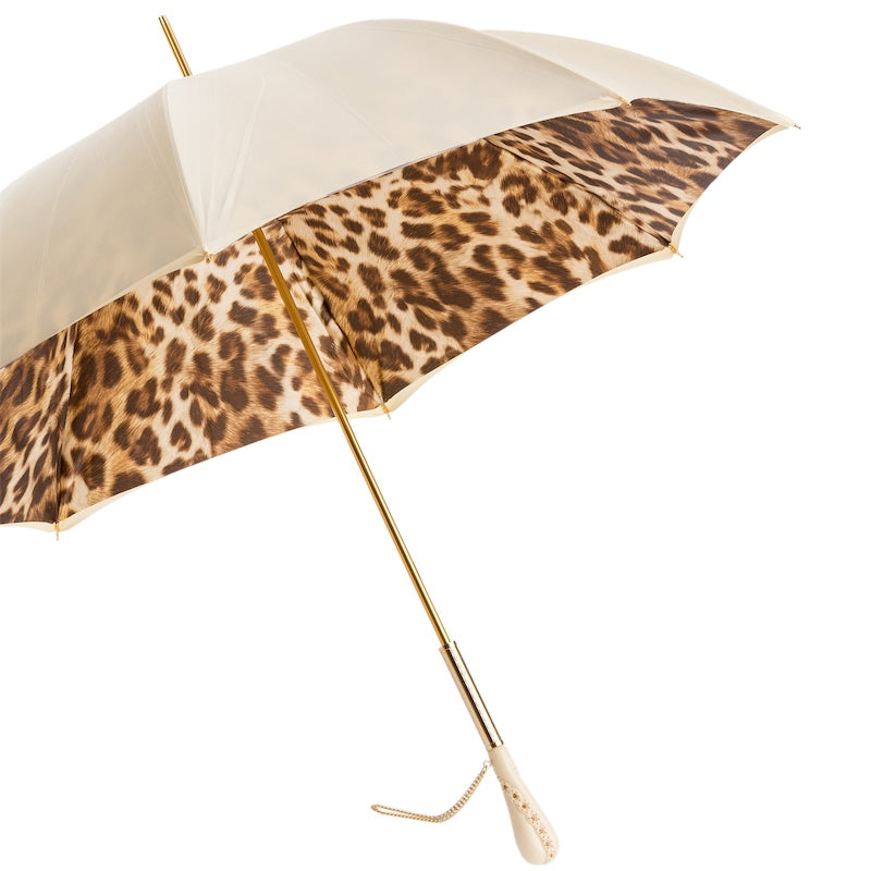 Pasotti creamy-white leopard print umbrella canopy detail