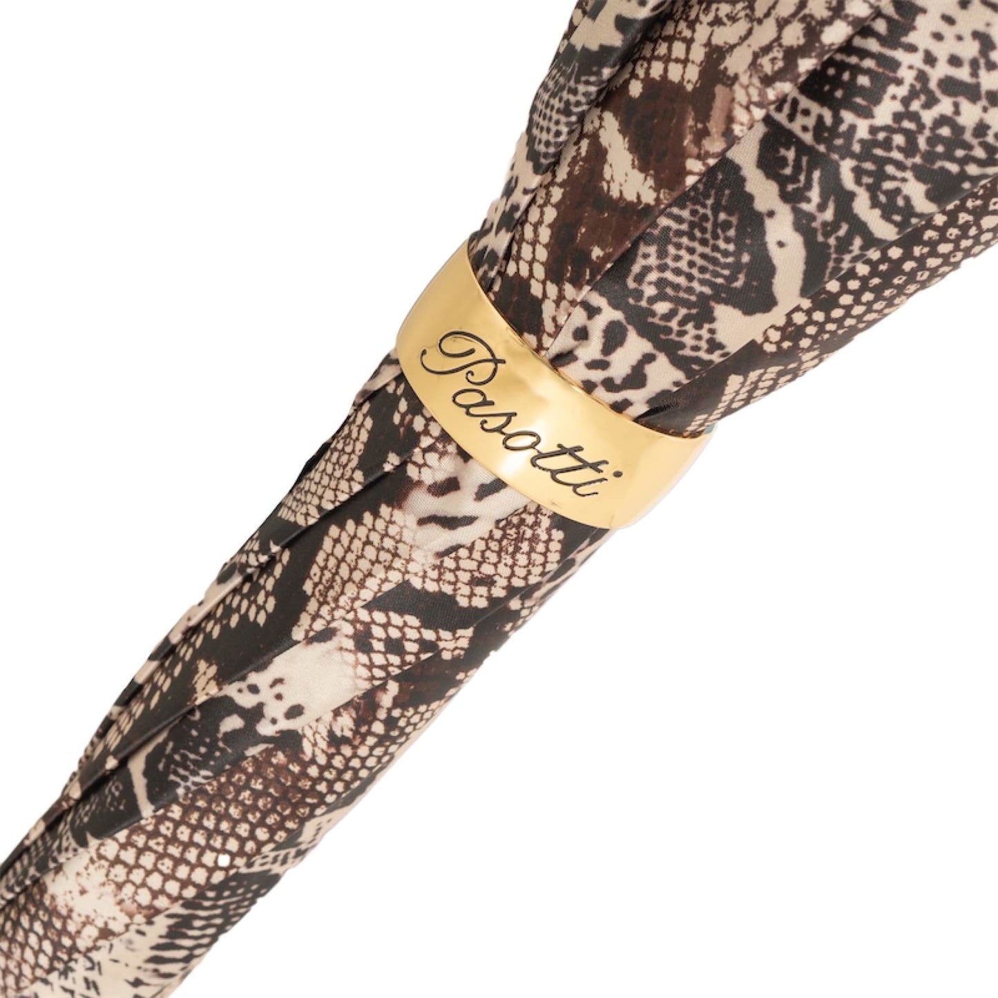 Close-up of an umbrella-cane with a python print and a ring with the Pasotti logo