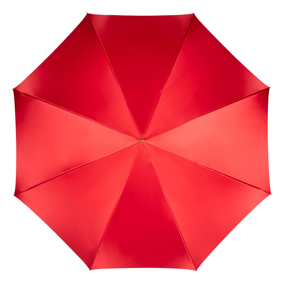 Top view of glossy red canopy on Pasotti walking cane umbrella