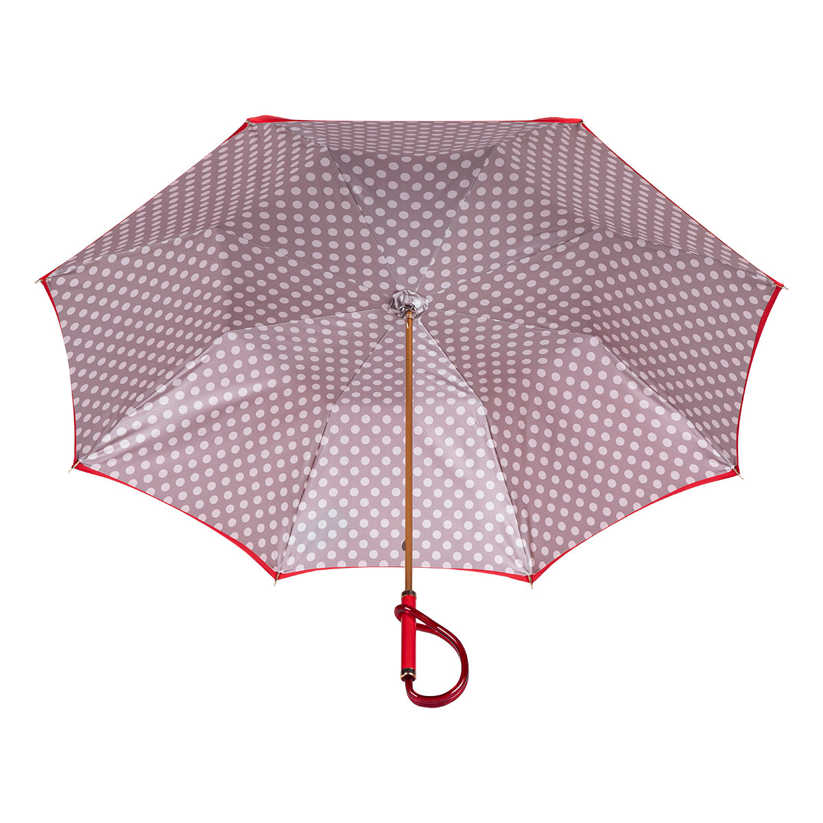 Interior view of Pasotti red umbrella with beige lining and white polka dots