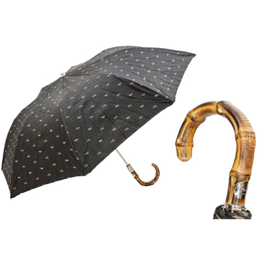 Men’s folding umbrella by Pasotti with paisley pattern and bamboo handle, open view