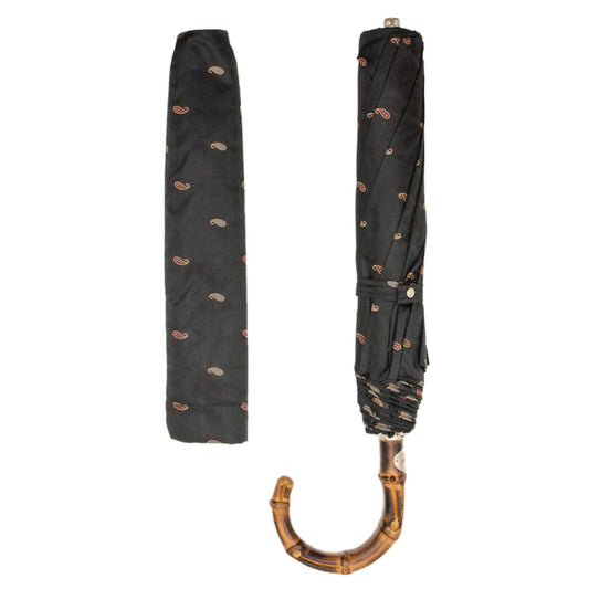 Men’s folding umbrella in paisley fabric with matching sleeve and natural bamboo handle