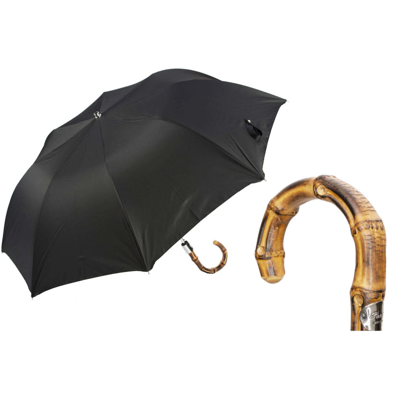 Men’s black folding umbrella with bamboo handle by Pasotti, open view
