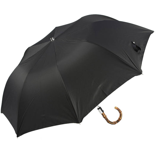 Pasotti men’s black folding umbrella with bamboo handle, angled open view