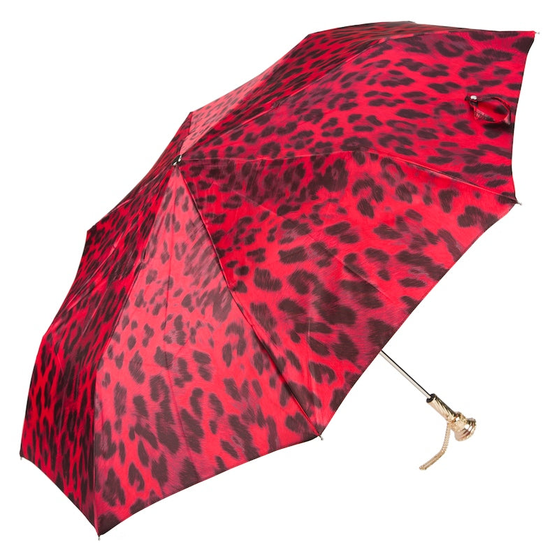 Open Pasotti folding umbrella with bold red leopard pattern