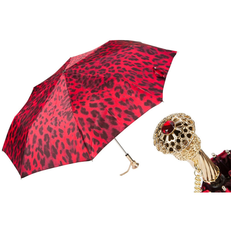 Pasotti red leopard print folding umbrella with gold-tone decorative handle