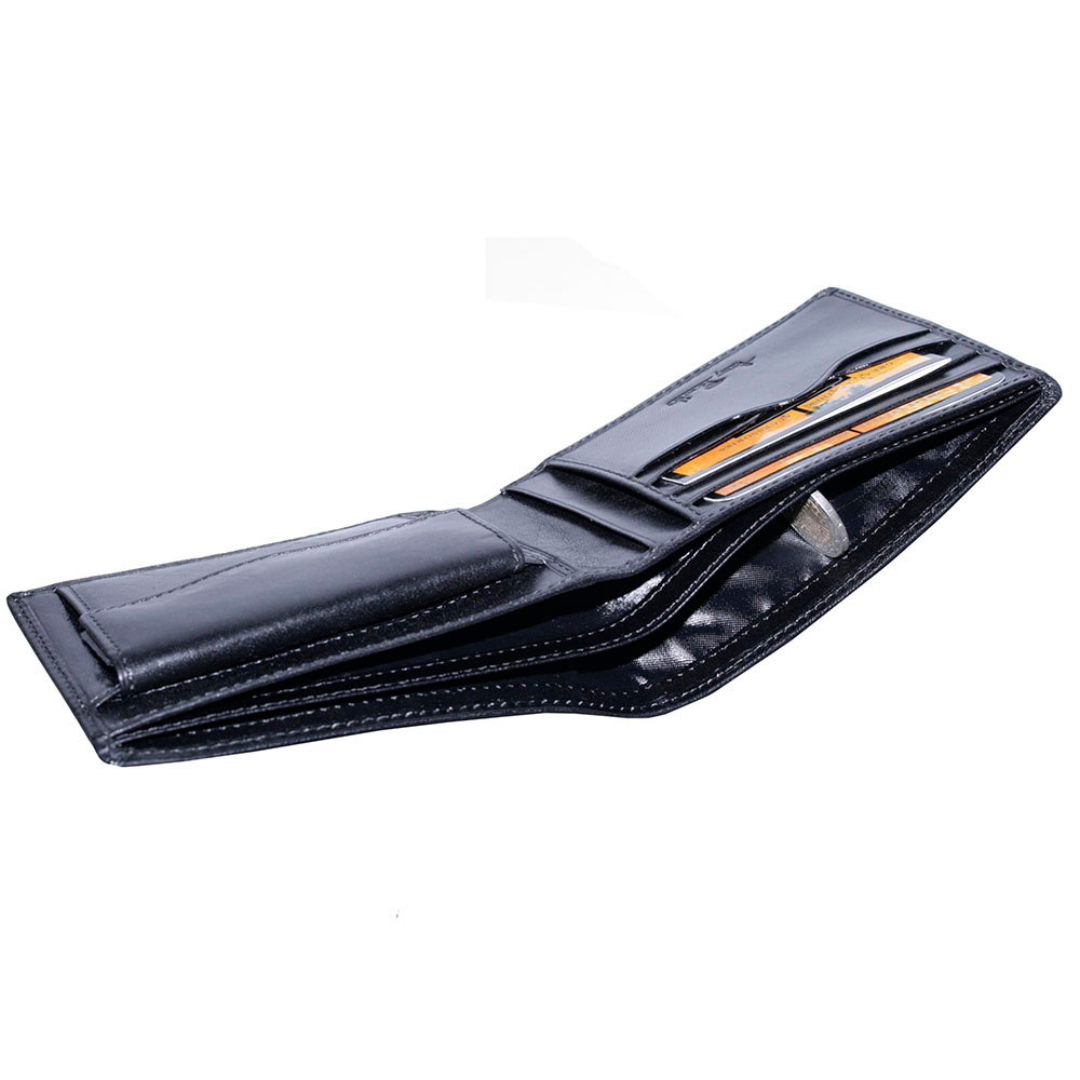 Side angled view of the opened Tony Perotti Italico 534 Nero wallet