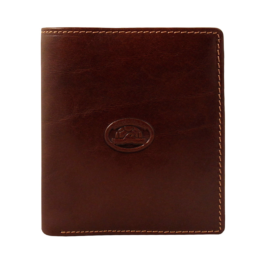 Dark brown Tony Perotti Italico 2112 vertical bifold wallet seen straight on, closed — the embossed oval badge and contrasting tan stitching