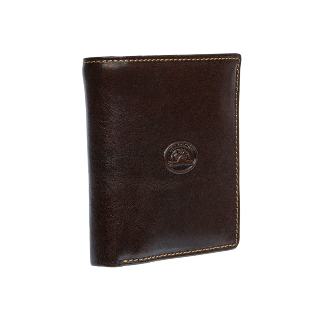 Dark brown Tony Perotti Italico 2112 wallet standing closed at a three-quarter angle