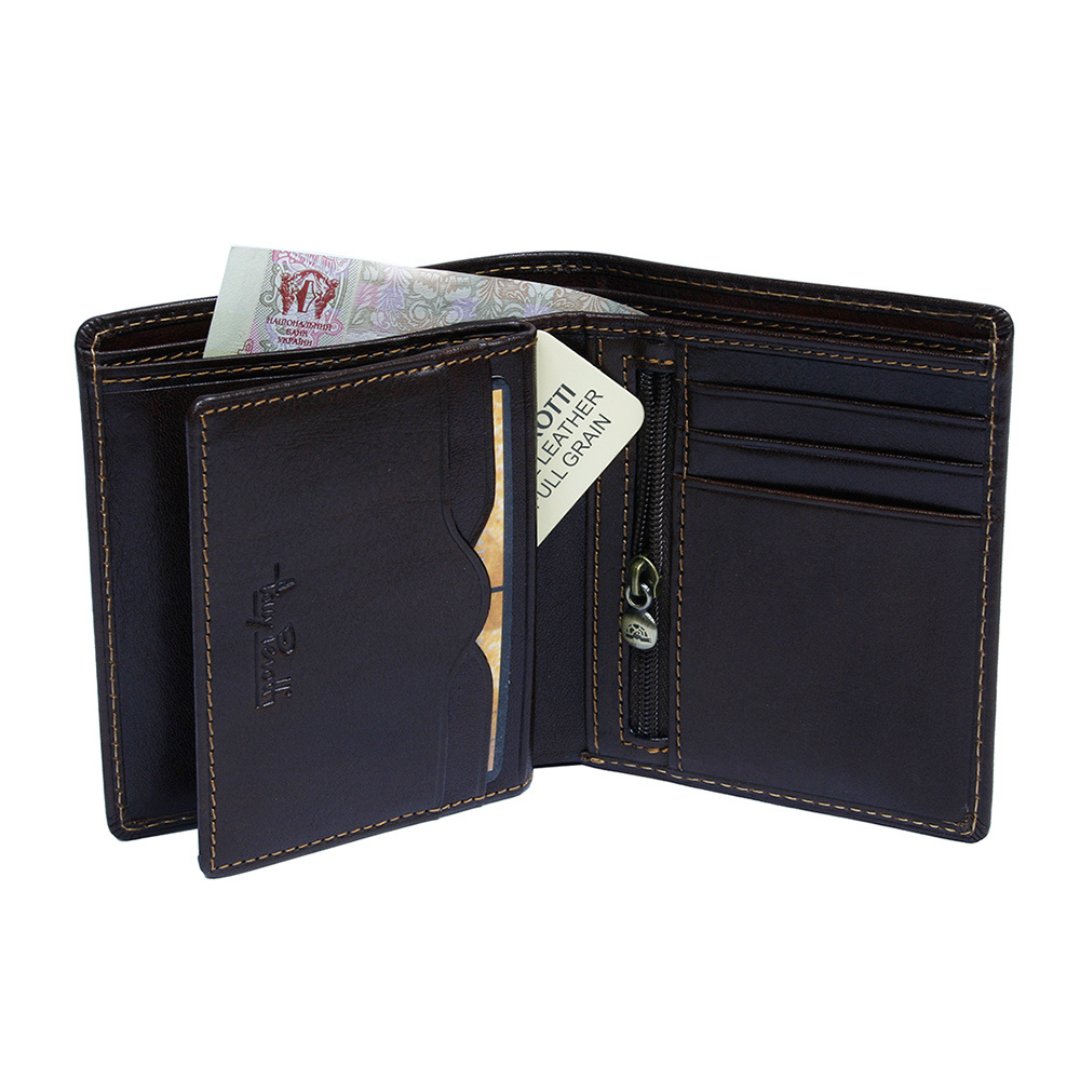 Tony Perotti Italico 2112 moro opened with the card panel folded out — the zipped coin pocket and a banknote in the compartment behind