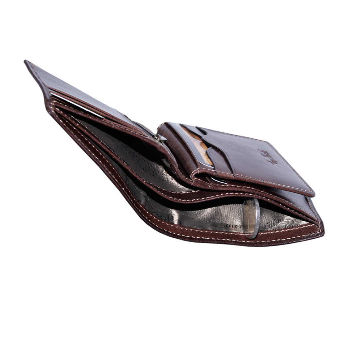 Tony Perotti Italico 2112 moro seen open in profile — the layered panels and a coin in the pocket