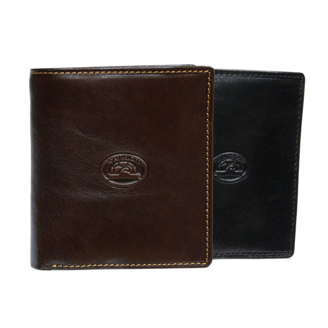 Tony Perotti Italico 2112 vertical bifold wallet shown in two colourways — dark brown and black
