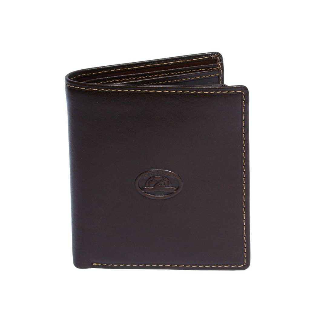 Dark brown Tony Perotti Italico 2112 wallet standing closed, the folded top edge visible