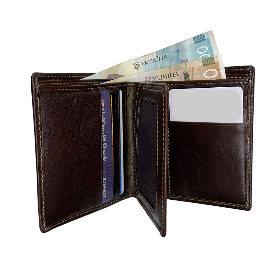 Tony Perotti Italico 2112 moro opened and filled — cards in the slots and banknotes in the compartment behind
