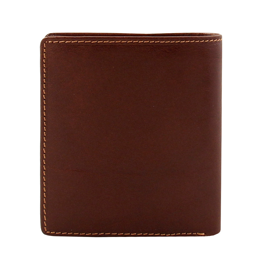 Back of the dark brown Tony Perotti Italico 2112 wallet — a plain leather panel with contrasting tan stitching