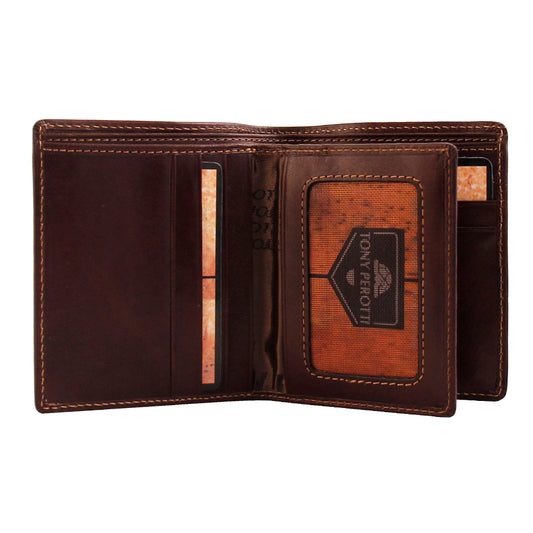 Tony Perotti Italico 2112 moro opened — card slots on the left panel and the document window with the branded insert on the right