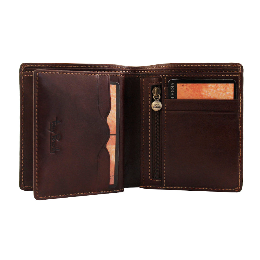 Tony Perotti Italico 2112 moro with the inner card panel raised — the zipped coin pocket down the middle and further card slots