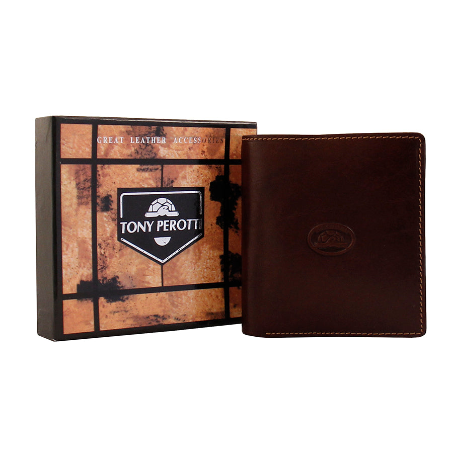 Dark brown Tony Perotti Italico 2112 wallet beside its printed Tony Perotti gift box