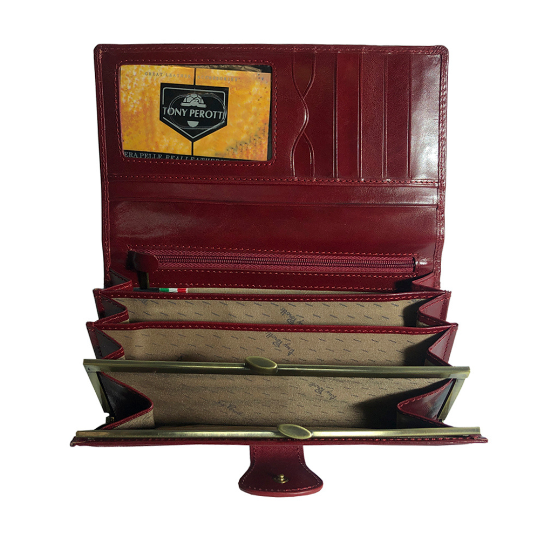 Tony Perotti women’s glossy red leather wallet Accademia collection interior layout