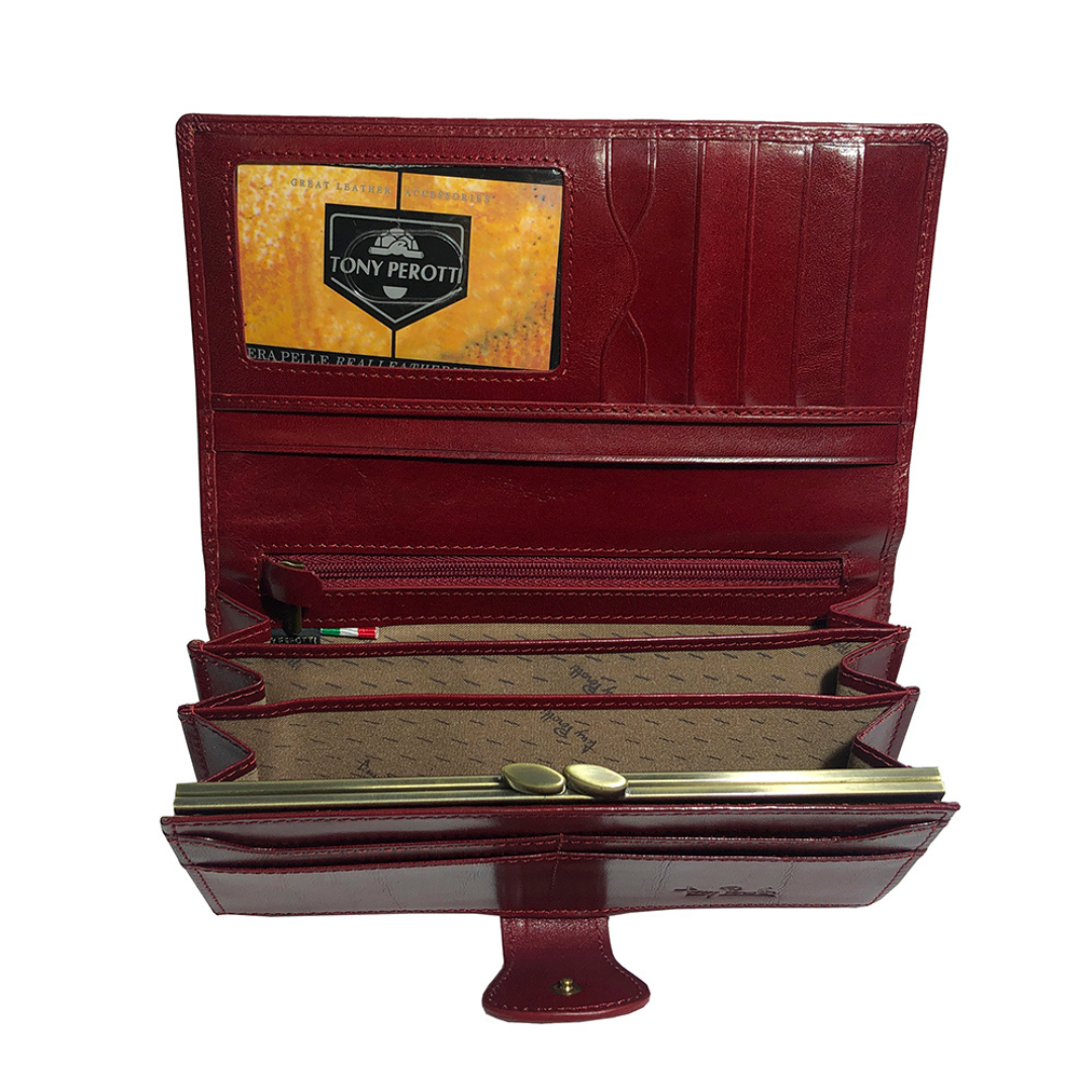 Tony Perotti women’s red leather wallet interior with card slots and kiss-lock coin purse