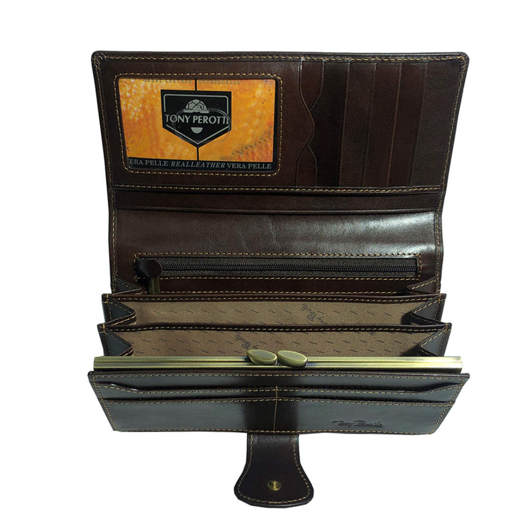 Tony Perotti women’s brown leather wallet Accademia 1526 Moro interior with kiss-lock coin purse