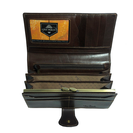 Tony Perotti women’s brown leather wallet Accademia 1526 Moro interior with kiss-lock coin purse