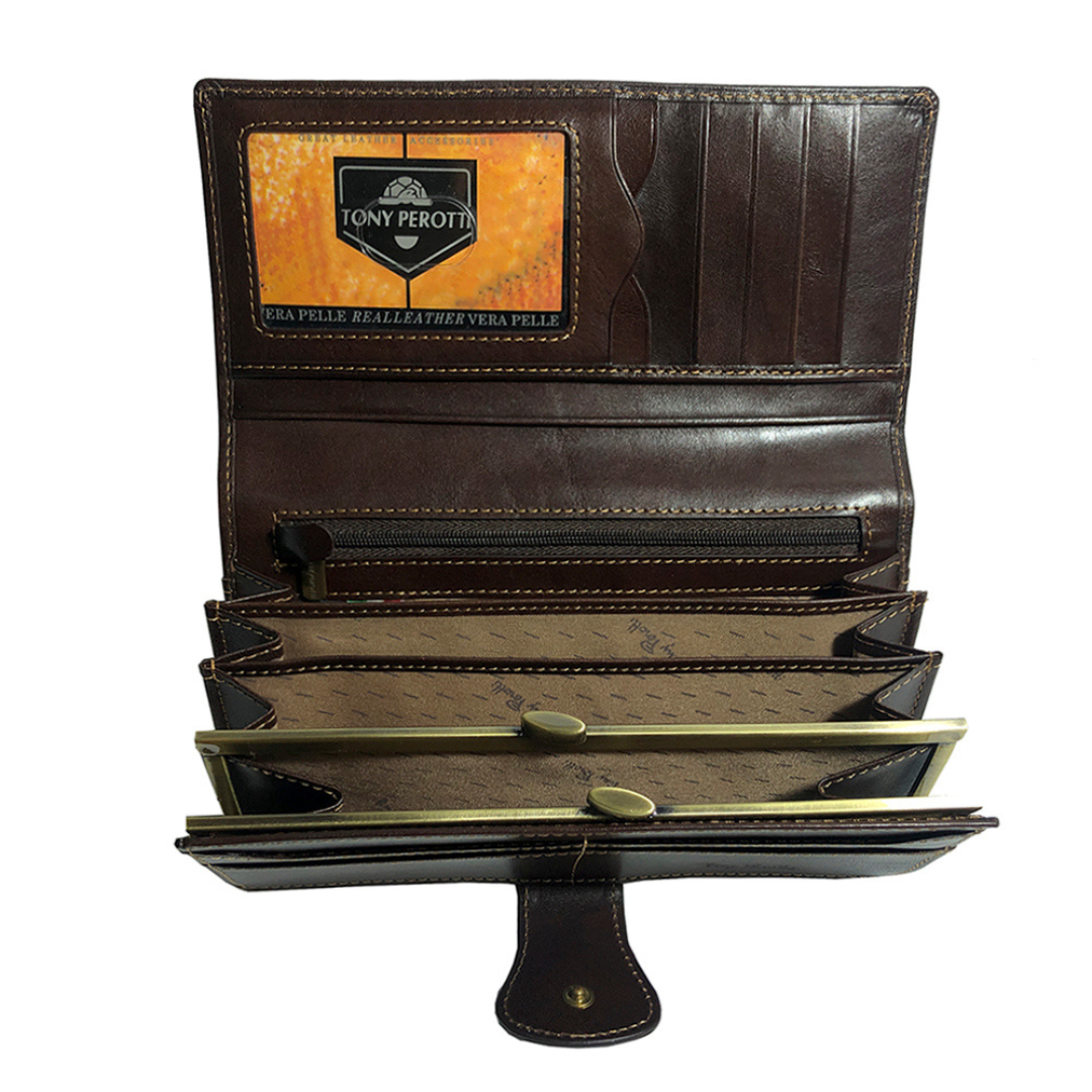 Tony Perotti brown leather women’s wallet Accademia collection open showing bill compartments