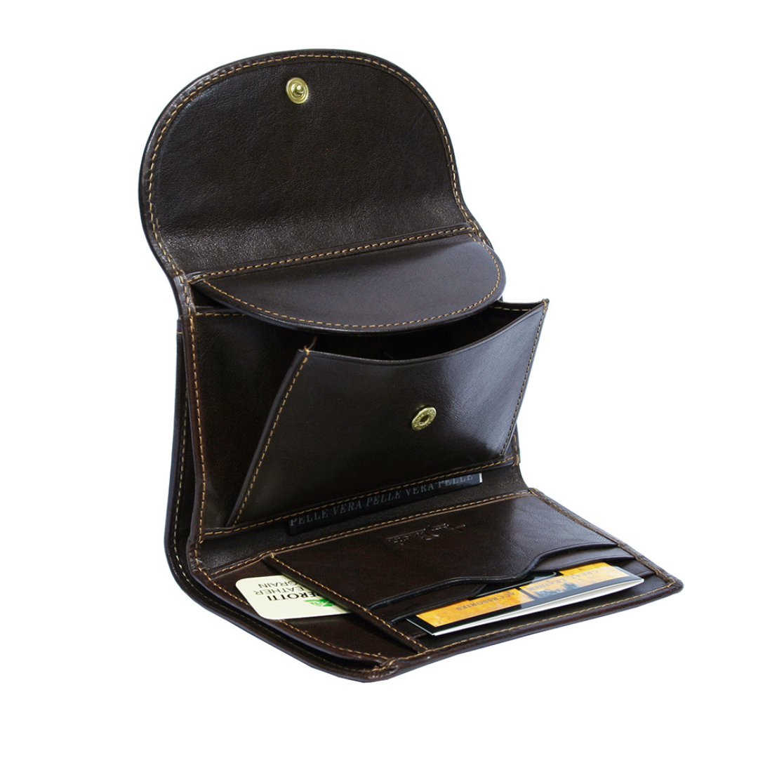 Tony Perotti Women's Dark Brown Leather Small Bifold Wallet with Coin Pocket — Italico 2058 Moro