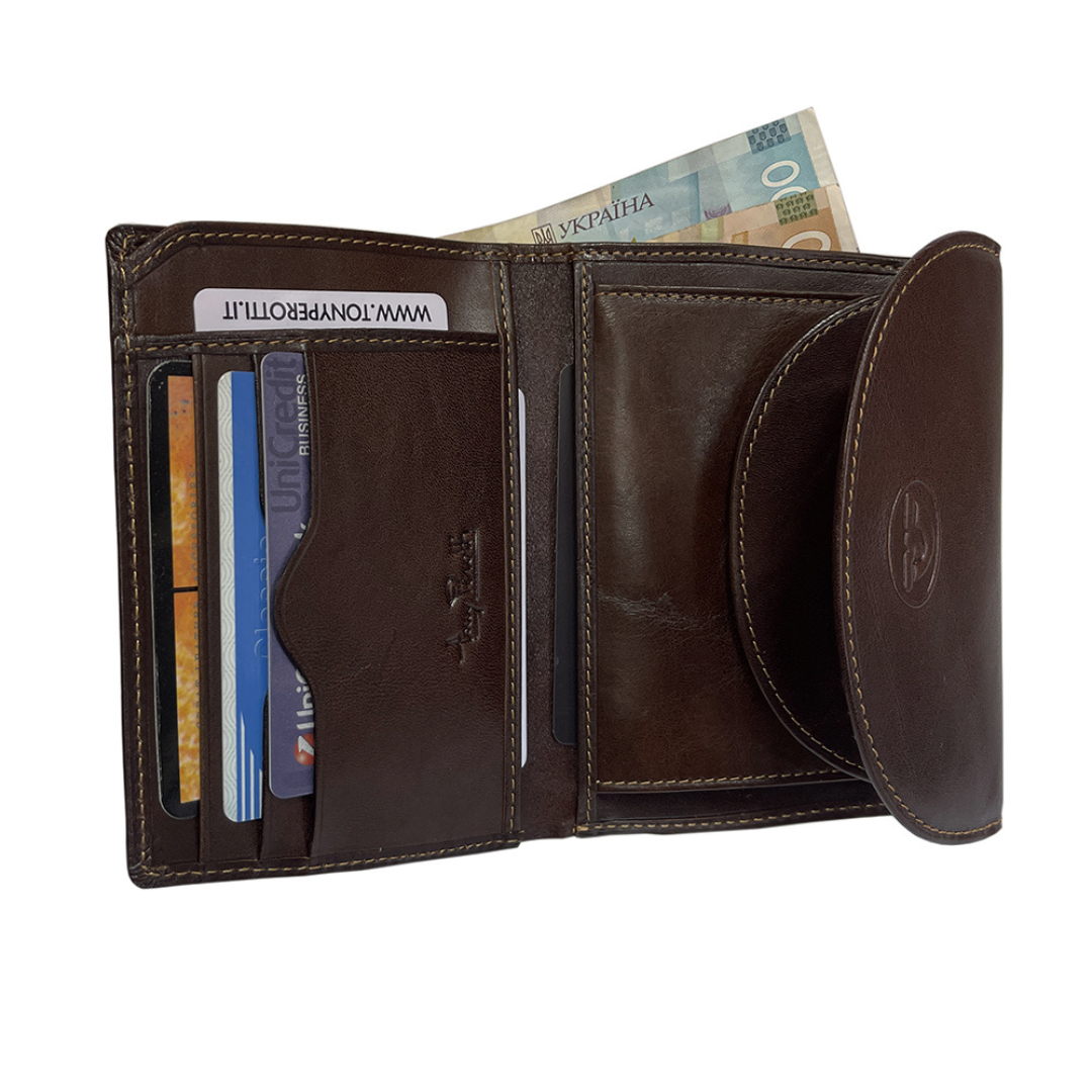 Tony Perotti Women's Dark Brown Leather Small Bifold Wallet with Coin Pocket — Italico 2058 Moro