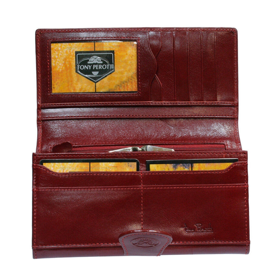Tony Perotti Accademia 1526 Rosso women’s leather wallet open showing bill compartments