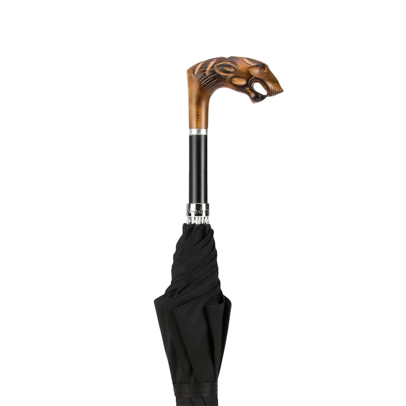 Tiger head handle above the black grip section and silver-tone collar engraved Pasotti