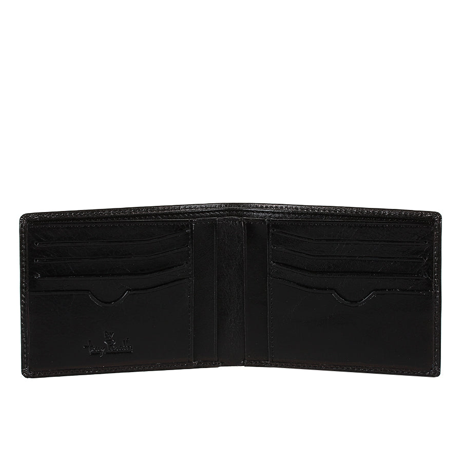 Open Tony Perotti Viasorte 537 nero wallet with card slots on both halves and vertical pockets at the fold