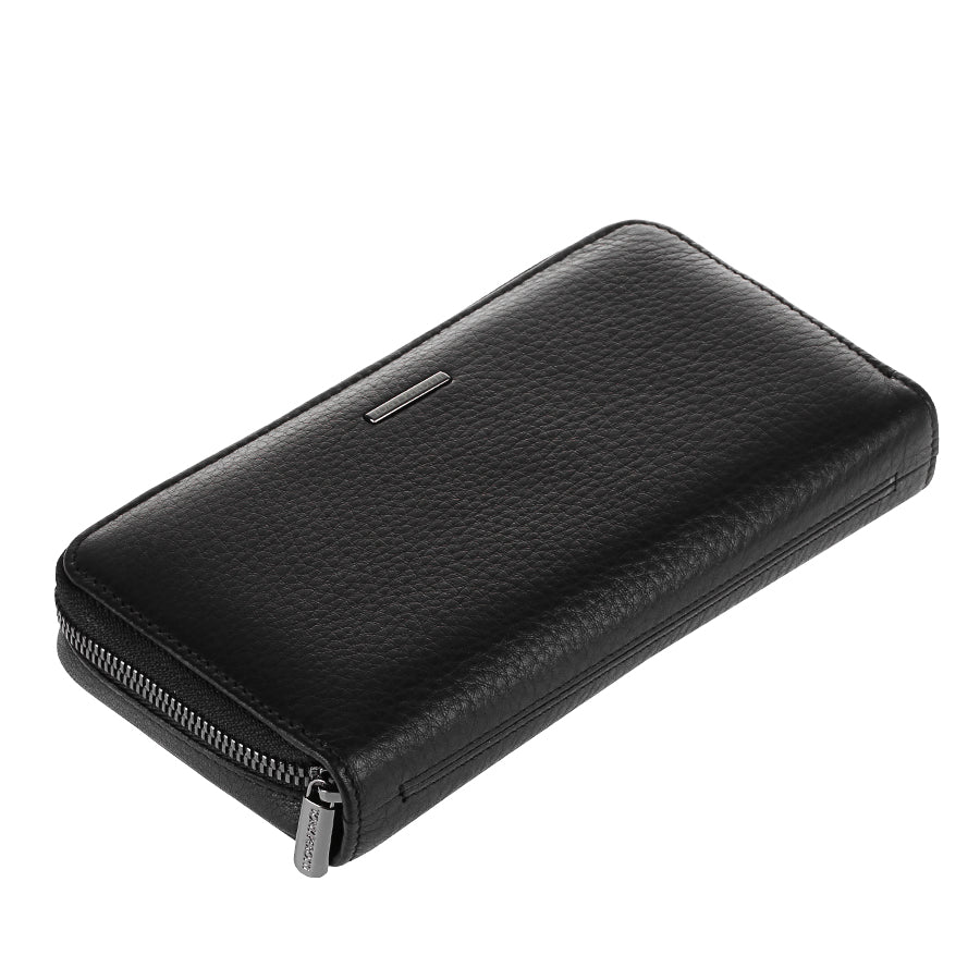 Black calf zip-around wallet — slim profile with branded zip pull