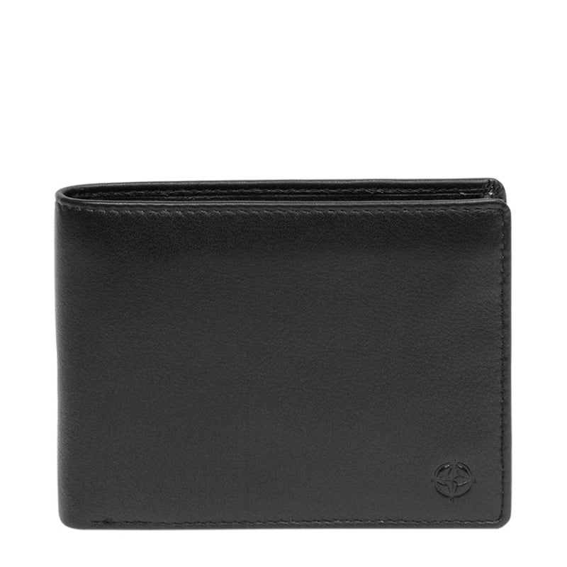 Black Tony Perotti Cortina 5051 leather bifold wallet seen straight on, closed, with the embossed compass rose in the lower corner