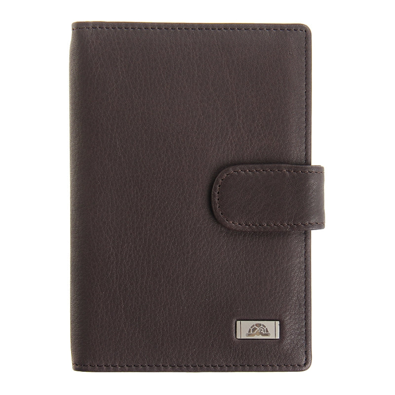 Tony Perotti Contatto 1424 moro dark brown leather document holder — front with the metal Tony Perotti plate and the snap tab