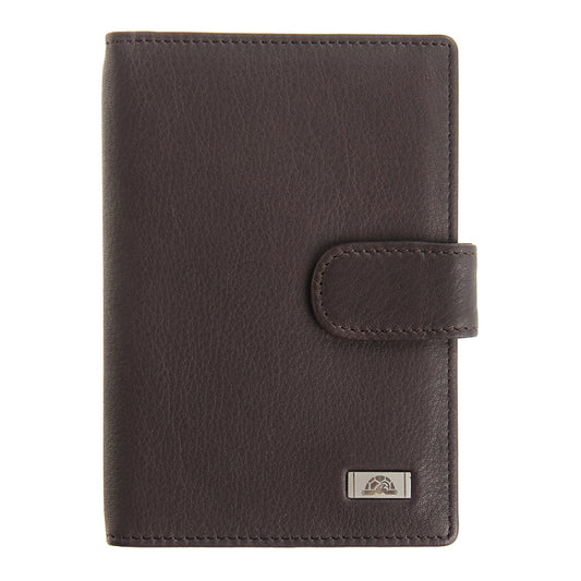Tony Perotti Contatto 1424 moro dark brown leather document holder — front with the metal Tony Perotti plate and the snap tab