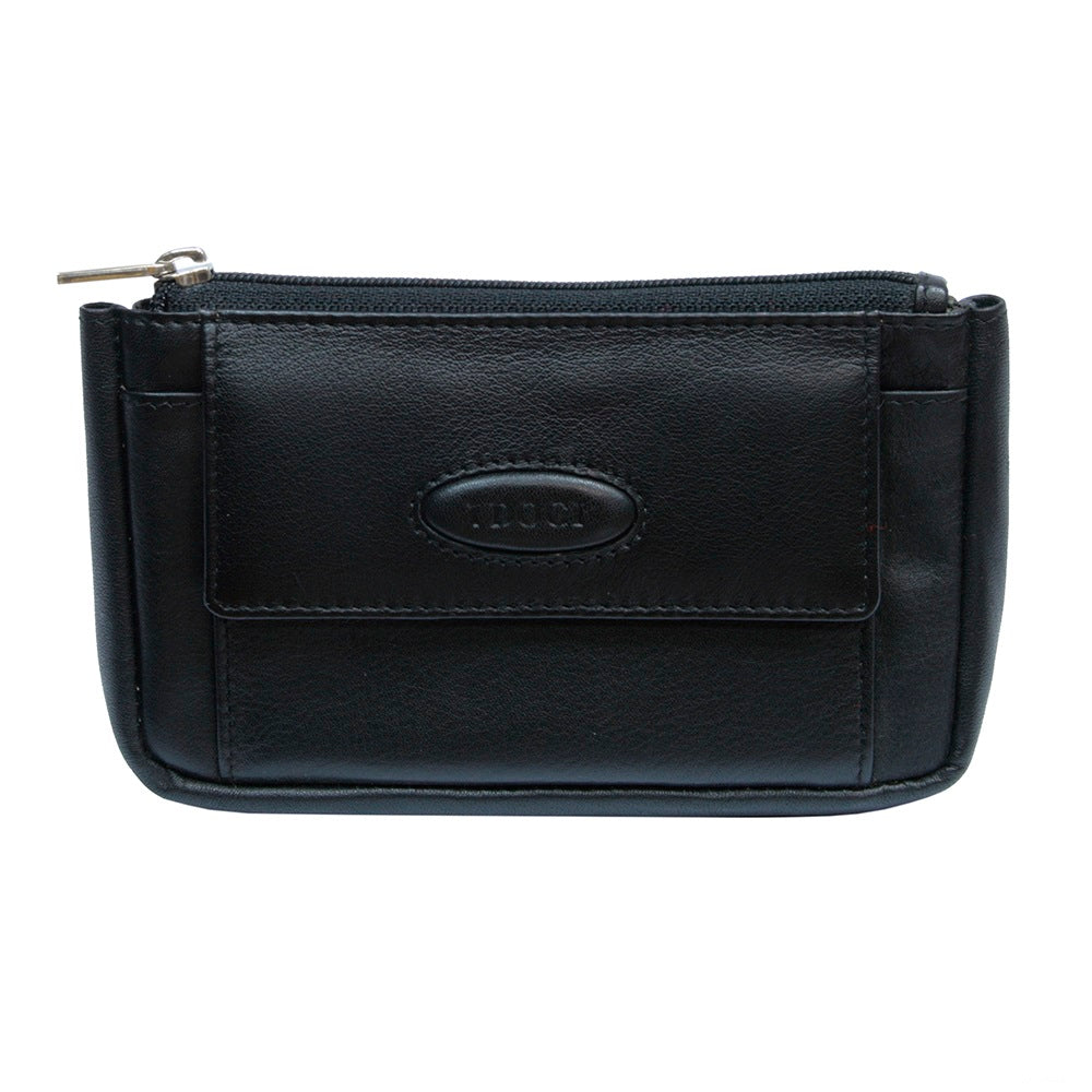 Tony Perotti Cortina 5060 nero — black leather key pouch, front with the snap-flap pocket, the embossed oval «I DOGI» badge and a slip pocket on either side