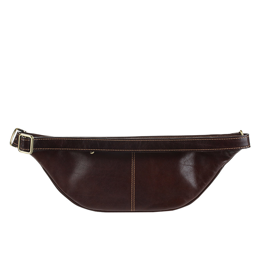 Back of the dark brown Tony Perotti Italico 8018 belt bag — leather belt with an antique brass buckle stitched along the top